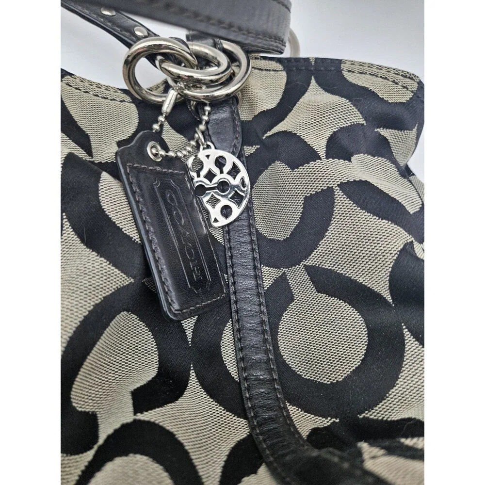 Coach Signature Black Gray Logo Shoulder Bag w/ Silver Hardware Purple Interior